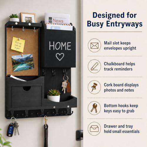 Key Holder Wall Mount, Mail Organizer Key Holder for Wall with Shelf, Drawer, Chalkboard, Corkboard, Home Decor Mounted for Room Entryway (Black) - color: Black, size: Vertical