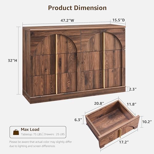 ACCOHOHO Arched Dresser for Bedroom with 6 Drawers, 47.3" Wide Modern Chest of Drawers with Rounded Edge & Metal Handles, Wood Storage Closet Dressers TV Stand for Living Room, Hallway, Brown - color: Brown, size: 15.6"D x 47.3"W x 32"H (6 Drawers)