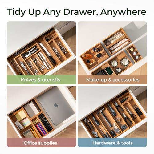 keechee 6-Piece Bamboo Drawer Organizer Set, 2.2" Deep Multi-Use Organizers for Utensils, Silverware, Cutlery, Desk, Bathroom, Junk Drawer & Makeup, Non-Slip Feet Included. - size: Bundle: 10 Slots (Expandable) + 5 Pc Set