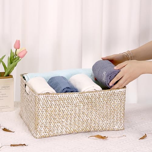 Hipiwe Seagrass Storage Basket Bin Rectangular Handwoven Wicker Storage Box with Handle Opened Baskets Box for Shelf Organizing Closet Bathroom, 15.7" L x 11.8" W x 7.5" H - color: Whitewash, size: X-Large,16.1"x11.8"x7.7"