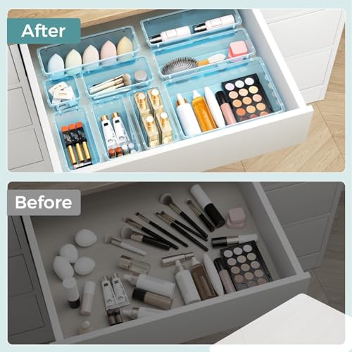 WOWBOX 44 PCS Clear Plastic Drawer Organizer Set, 6 Varied Size storage Bins and Desk Drawer Organizer Trays for Makeup, Gadgets, Jewelry and Utensils in Bathroom, Bedroom and Office, Clear Sea Blue - color: Sea Blue