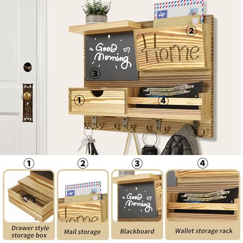 Farmhouse Key Holder for Wall with Mail Organizer - Easy Installation Wall Mount Organizer, Includes Chalkboard, Drawer, Wallet Holder & 4 Double Hooks, Ideal for Entryway, Quick Access - Light Brown - color: Light Brown