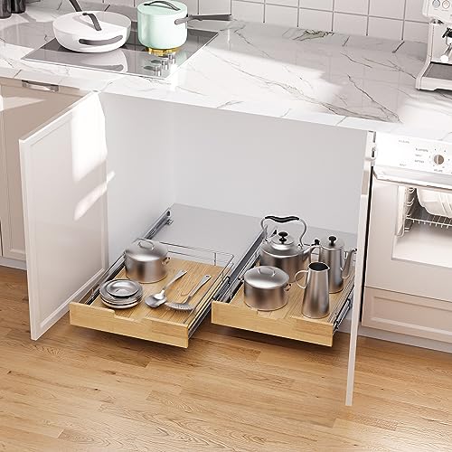 Sikarou Pull Out Cabinet Organizer,Heavy-Duty Slide Out Shelf, Wood And Wire Basket, Pull Out Drawer for for Kitchen Under Sink Space, Pantry, Bathroom (20 * 21 WM) - size: 1-TIE 20*21 WM