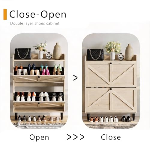 VDNEND Shoe Storage Cabinet for Entryway with 2 Flip Drawers，Narrow Wood Shoe Cabinet with Soild Wood Legs，Freestanding Hidden Shoe Organizer for Foyer, Hallway (1, White Oak) - color: White Oak