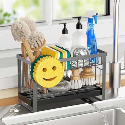 Sponge Holder for Kitchen Sink with Flexible Sink Caddy Smiley Face,2 Tier Kitchen Sink Organizer Countertop and Storage Essentials,Soap Dispenser Organize,Home Decor Accessories-Gray - color: 2 Tier Gray