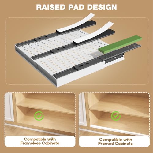 Seinloes 4 Pack Pull Out Cabinet Organizer With Raising Pad for Framed Cabinets,Expandable Width (13"-21") and Depth (17"-24"),3 Slide Rails Slide Out Drawers with Handle,No-Drill Roll Out Shelf,White - color: White, size: 13"-21"W x 17"-24"D(4Pack)
