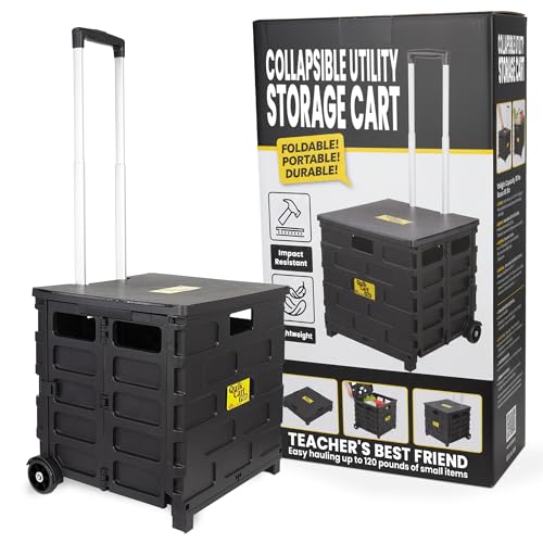 dbest products Quik Cart Pro Wheeled Rolling Crate Teacher Utility with seat Heavy Duty Collapsible Basket with Handle, Aluminum, Black - color: Black, style: Pro