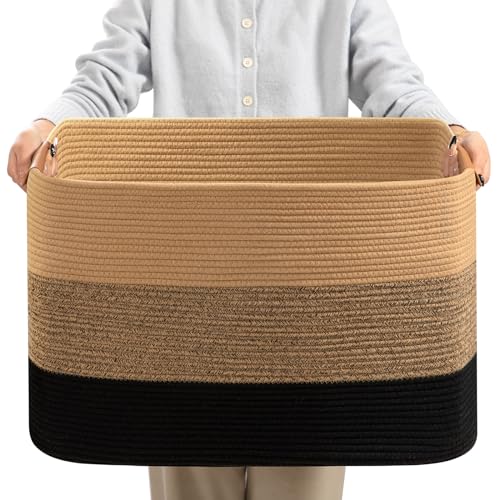 danpinera Large Blanket Basket for Living Room,72 L Rectangle Toy Storage Basket for Nursery Room, Woven Rope Storage Box with Leather Handle, 22’’*17’’*11.8’’, Gradient Linen - color: Gradient linen, size: 72L