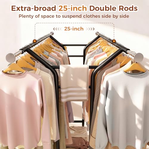 Luxspire Heavy Duty Clothes Rack Load 650 LBS, Double Rod Clothing Racks for Hanging Clothes, Rolling Garment Racks with Lockable Wheels, Shelves, Adjustable Laundry Hanging Rack, Black - color: Black