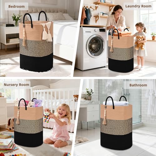 Woven Laundry Basket for Clothes, 65L Large Rectangle Laundry Hampers with Beads Tassel, Nursery Storage Basket for Toys, Tall Dirty Clothes Hamper for Bedroom Aesthetic, Laundry Room Organization - color: Brown&Black, size: 65L