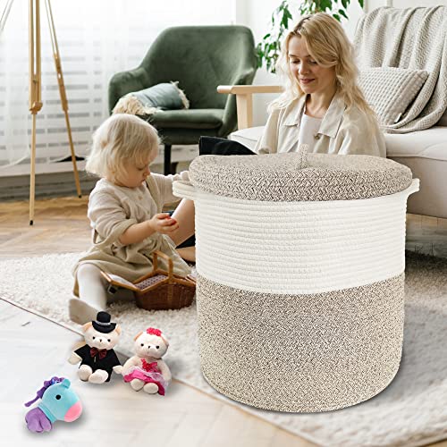 Large Storage Basket with Lid 60L, 16"Wx18"H Woven Laundry Hamper Basket with Handle, Room Decor Cotton Rope Wicker Basket Toy Organizer Bins for Clothes Blankets Pillows, Beige/White Mix includes Lid - color: Beige/White Mix-16"Wx18"H