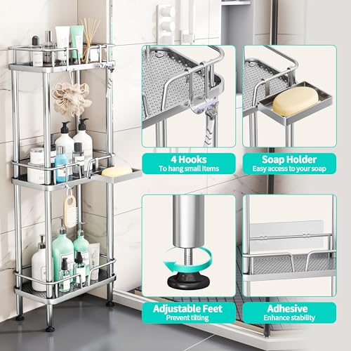 HapiRm Standing Corner Shower Caddy - 3 Tier Corner Shower Organizer with Soap Holder, Rustproof Stainless Steel Bathroom Shelf with 4 Hooks, Silver - color: Silver