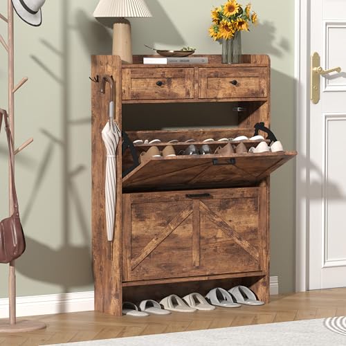Thacuok Shoe Cabinet with 2 Flip Drawers & 2 Storage Drawers, Rustic Farmhouse Narrow Shoe Organizer Cabinet, Slim Shoe Rack Cabinet, Shoe Storage Cabinet for Entryway, Hallway - color: Brown, size: 2 Drawers