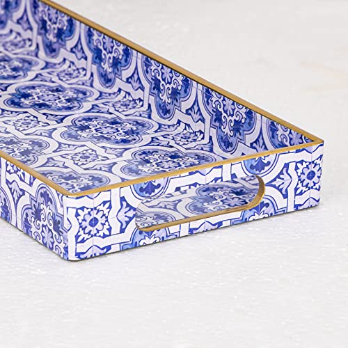 MAONAME Blue Decorative Tray, Plastic Serving Tray with Handles, Rectangular Moroccan Trays, Long Narrow Trays for Bathroom, Kitchen Counter, 13.8" X 6" X 1.57" - color: Blue-moroccan