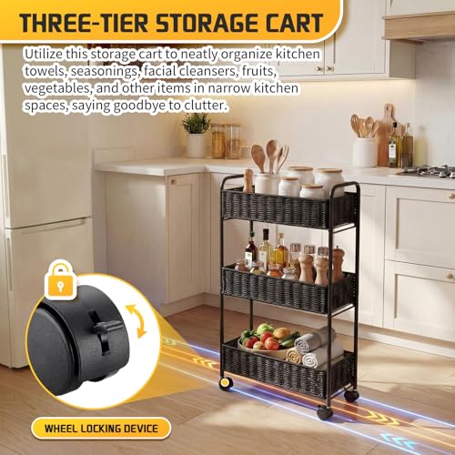 FOCHIER F Utility Slim Storage Cart,3-Tier Rolling Kitchen Office Laundry Room Cart,Mobile Shelving Unit Organizer for Living Room Bathroom Baby Diaper Narrow Places (Black, 3 Tiers-7.1 inch (W)) - color: Black