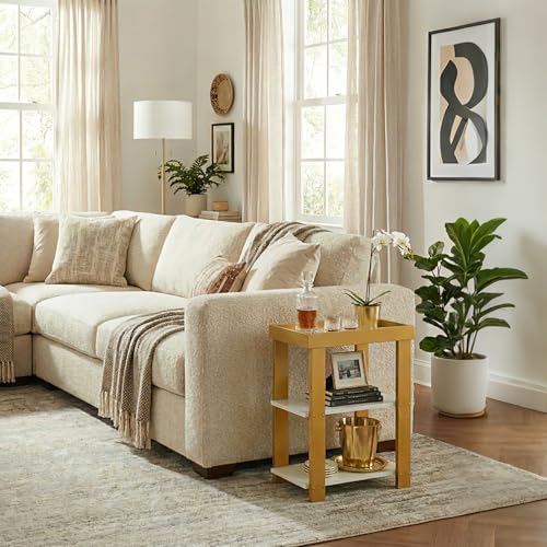 Modern 3-Tier Gold Side Table, Narrow End Table with White Tray Top Shelves, Slim Nightstand Bedside Table for Small Spaces, Living Room, Bedroom, Bathroom Storage Organizer Stand (White+Gold) - color: White + Gold