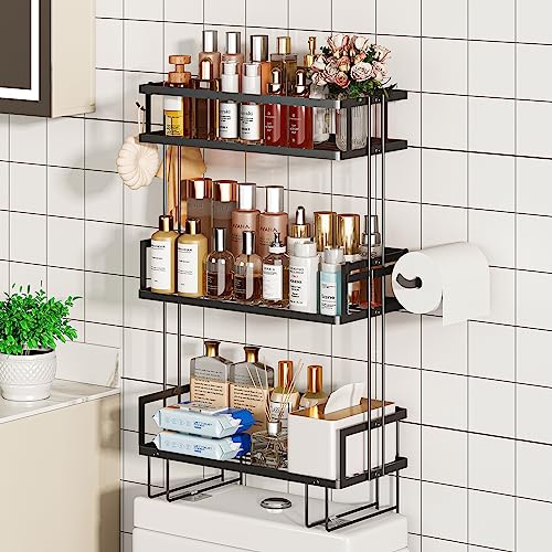 Godboat Bathroom Organizers and Storage, 3-Tier Wall Shelves, Over Toilet Rack with Paper Holder and 2 Hooks, Floating Shelf & Accessories, Gifts for Women, Mom, Mothers Day (Black) - color: Black, size: 3-Tier