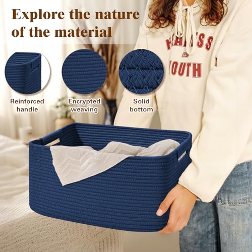 2 Pack Large Storage Basket for Organizing, 17.5"x13"x7" Woven Basket for Shelves, Closet Cube Storage Bins with Wrapped Handle, Cotton Rope Baskets for Kitchen, Clothes, Toys(Navy Blue) - color: Navy Blue, size: 2 Pack