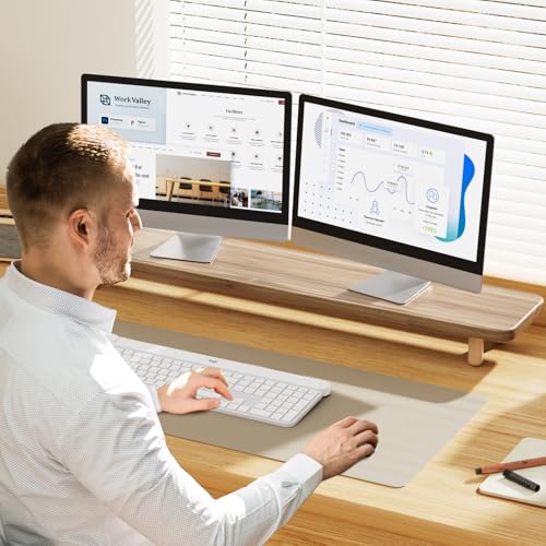 Dual Monitor Stand Riser, 39 Inch Extra Long Wooden Desktop Monitor Riser with Storage for 2 Monitors Ultra Strong Desk Shelf Organizer Riser Ergonomic for 2 Screens/Laptop/PC/TV/Printer (Light Walnut, 39inches) - color: Light Walnut