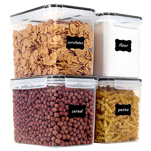 Vtopmart Food Storage Containers 3.3 quart / 3.6L, 4 Pieces BPA Free Plastic Airtight Canister for Flour, Sugar, Baking Supplies, with 4 Measuring Cups and 24 Labels,Black - color: Black, size: 3.6L