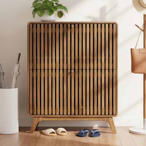 Jluomei Fluted Narrow Shoe Cabinet for Entryway, Slim Wood Shoe Storage Cabinet with Flip Drawers, Bamboo Thin Shoe Rack Organizer for Entry Way, Hallway, Hidden, Walnut - color: Walnut-31.5" Wide