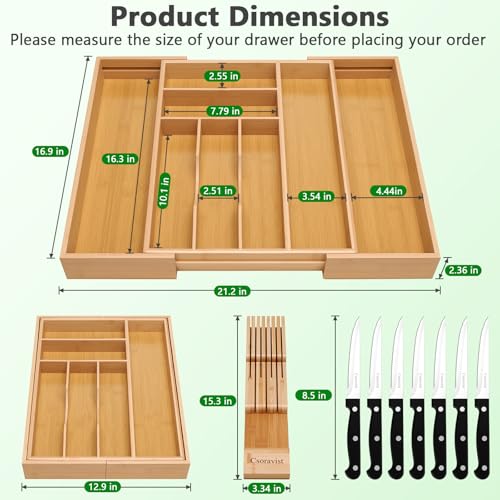 9-Piece Bamboo Kitchen Drawer Organizer Set, Expandable Silverware &Utensil Organizer with Removable Knife Block & Steak Knives, Flatware Organization, Tableware Dividers Storage(Natural) - color: Natural