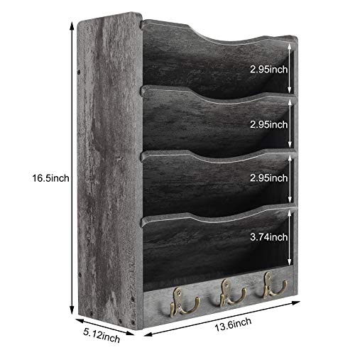 PAG 5-Tier Wall File Holder Hanging Mail Organizer Wood Magazine Literature Rack with 6 Hooks, Dark Gray - color: Dark Gray