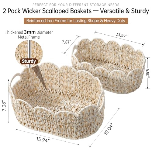 Coeusy Wicker Scalloped Basket Set of 2,Woven Storage Baskets for Shelves,Closet,Laundry,Gifts,Towels,Books,Toys,Waterproof Boho Decor Basket for Organizing - color: Beige