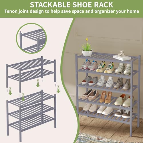 ROMGUAR CRAFT 3 Tier Bamboo Shoe Rack for Closet Free Standing Wood Shoe Shelf Storage Organizer for Entryway Small Space Stackable 27"x11"x20" (Grey) - color: Grey, size: 3 Tier