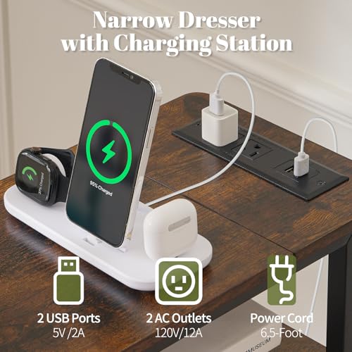 Yoobure LED Narrow Nightstand with Charging Station - Slim Dresser for Bedroom Narrow Side Table Storage Cabinet, Small Dressers Chest of Drawers, Tall Skinny Night Stand End Table for Small Spaces - color: Vintage Brown