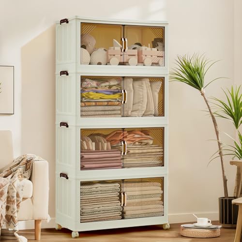 GarveeHome 324QT Stackable Storage Bins, Folding Storage Box with Magnetic Doors & Wheels, Loset Organizers and Storage with Lids, Collapsible Plastic Drawers for Bedroom Kitchen Office, White - color: 4rd floor, size: 81QT