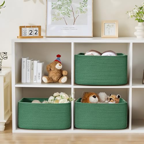 2 Pack Large Storage Basket for Organizing, 17.5"x13"x7" Woven Basket for Shelves, Closet Cube Storage Bins with Wrapped Handle, Cotton Rope Baskets for Kitchen, Clothes, Toys(Green) - color: Green, size: 2 Pack
