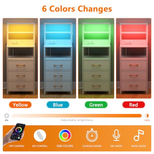 Furnulem Night Stand, White Bedside Nightstand with 4-Tier Shelves and 3 Fabric Drawers, LED Bed Side Tables with Charging Station, Tall Dresser for Bedroom, Hallway, Office - color: White, size: 3 Drawer