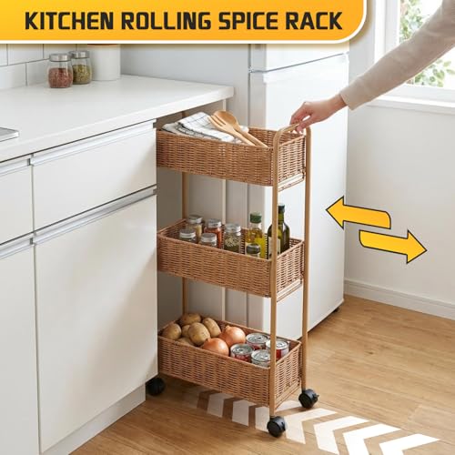 FOCHIER F Utility Slim Storage Cart,3-Tier Rolling Kitchen Office Laundry Room Cart,Mobile Shelving Unit Organizer for Living Room Bathroom Baby Diaper Narrow Places (Natural, 3 Tiers-7.1 inch (W)) - color: Natural