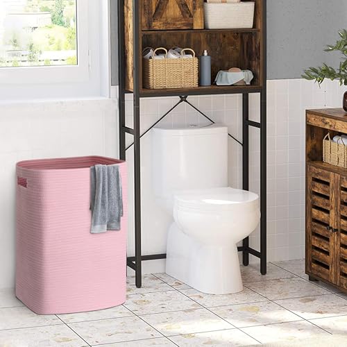 MEGASKET Large Laundry Hamper 16"x13"x22" - Tall Woven Laundry Basket, Cotton Rope Dirty Clothes Hamper, Baby Kids Nursery Wicker Laundry Basket, Bedroom Aesthetic, Soft Laundry Bin, Pink Hamper, 75L - color: Pink