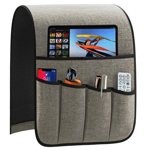Armrest Organizer Non Slip Remote Control Holder Arm Chair Couch Caddy For Recliner Sofa Bedside With 5 Pocket Storage for Tablet Phone iPad (Lightgrey, W13 x L33) - color: Lightgrey, size: W13" x L33"