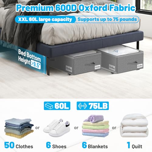 Under Bed Storage with Wheels, 2-Pack 10" Height XXL 60L Rolling Storage Bins, Quick Assembly Underbed Shoe Storage Containers with Clear Lid & Label, Dorm Under bed Drawers for Clothes, Shoes, Grey - color: Grey-2 Pack, size: 9.5 Inch Tall - Clear Lid