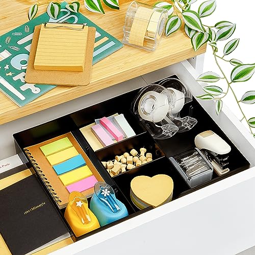 CAXXA 3 Slot Drawer Organizer with 4 Adjustable Dividers - Junk Drawer Storage for Office Desk Supplies and Accessories, Black (1 Pack)