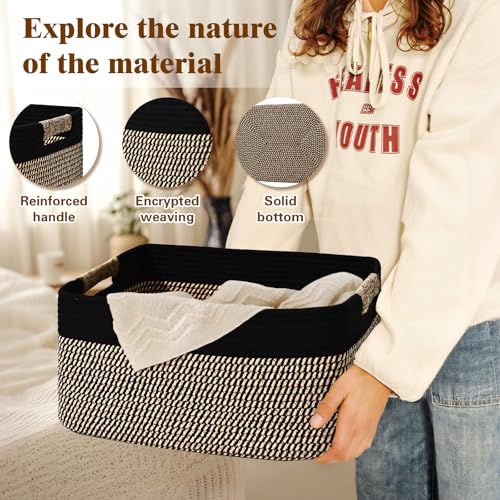 2 Pack Large Storage Basket for Organizing, 17.5"x13"x7" Woven Basket for Shelves, Closet Cube Storage Bins with Wrapped Handle, Cotton Rope Baskets for Kitchen, Clothes, Toys(Black & Brown) - color: Black & Brown, size: 2 Pack