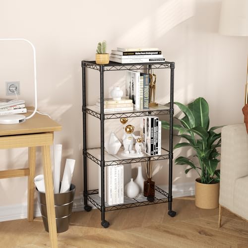 SINGAYE 4 Small Shelves Storage Shelf Wire Shelving Unit Metal Shelf Adjustable Organizers Storage Shelving with Wheels for Bathroom Laundry Room Kitchen Pantry11.5”D x 17.5”W x 30.5”H Black - color: Black, size: 4Tier/11.5"D X 17.5"W X 45"H