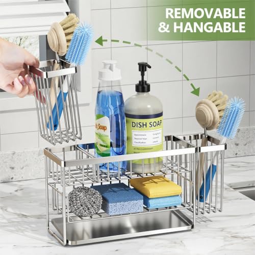 Cisily Silver 2-Tier Kitchen Sink Caddy Organzier Rack with Flexible Dish Brush Holder, Sponge Holder for Kitchen Sink Countertop Organization Storage,Home Decor Stainless Steel - color: Silver