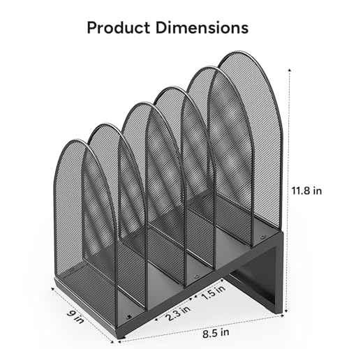 5-Section Desk File Organizer, Metal Mesh Folder Organizer for Documents, Mail & Office Papers (Black) - color: Black