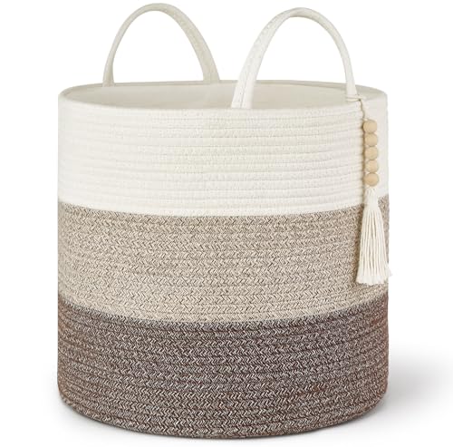 Mkono Woven Storage Basket Decorative Natural Rope Basket Wooden Bead Decoration for Blankets,Toys,Clothes,Shoes,Plant Organizer Bin with Handles Living Room Home Decor, 16" W × 13.8" L - color: Gradient Brown, size: 16" W × 13.8"L