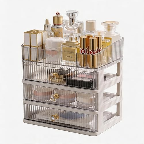 MIUOPUR Makeup Organizer with 3 Drawers, Clear Bathroom Counter Organizer, Skincare Organizer for Vanity Countertop, Cosmetic Display Case, Ideal Choice for Storing Lipsticks, Nail Polishes, Perfumes