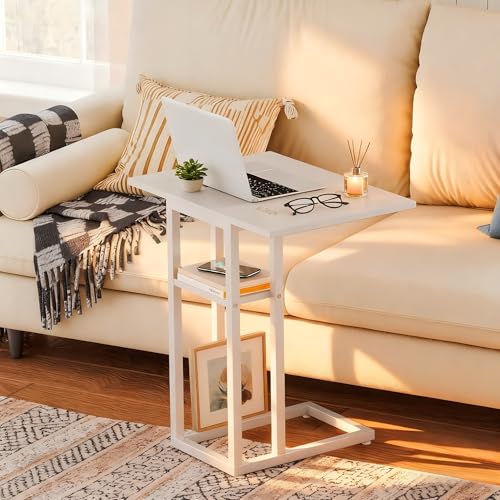 HOOBRO Foldable End Table, C Shaped Side Table with Storage Shelf, Small Snack Table Suitable for Living Room Bedroom Small Spaces, Easy Assembly, White WW29SF01 - color: White