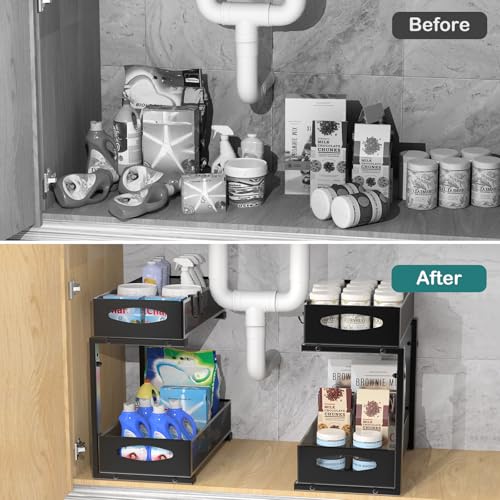 Housolution 2 Pack Under Sink Organizer, 2 Tier Metal Pull Out Under Sink Storage with Sliding Mesh Drawers, Height Adjustable Slide Out Under Sink Organizer for Kitchen Bathroom Cabinet, Black - color: Black, size: 2 Pack, Medium-8.85in Wide