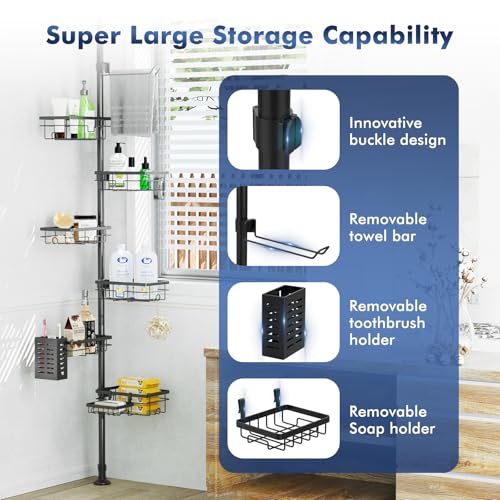 Shower Caddy Organizer Tension Pole, Rustproof 6-Pack Corner Shelf with 30-120 Inch Adjustable Shower Rack for Inside Shower, Extra Towel Bar & Soap Dish for Bathroom Organizers and Storage, Black - color: Black