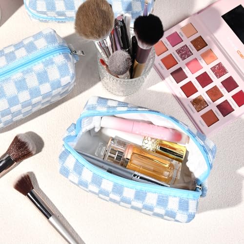 SOIDRAM 12PCS Checkered Makeup Bag Preppy Cosmetic Bag Bulk Blue Makeup Pouch Personalize Travel Toiletry Bag Organizer Cute DIY Makeup Brushes Storage Bag for Women - color: Light Blue, size: 12 Pack