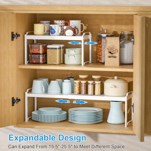 2 Pack Stackable Expandable Shelves For Kitchen Cabinet Countertop Storage, Adjustable Counter Cupboard Pantry Organizer Shelf Rack Stand, Length:25.5 Inch - color: White, size: 2 Pack: 15.5"-25.5"L