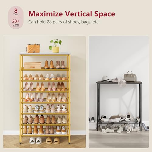 Tajsoon 8 Tier Shoe Rack Organizer for 28-32 Pairs of Shoes, Metal Mesh Shoe Shelf for Closet, Industrial Shoe Rack for Entryway Shoe Storage with X Shape Fixed Frame, White & Gold - color: White & Gold, size: 8-Tier
